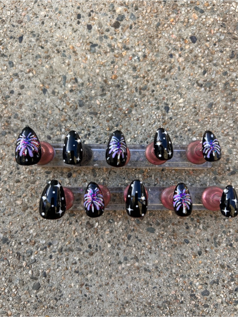 Hand-Painted Fireworks Press-On Nails — Black with Purple Accents